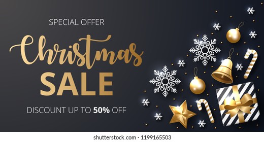 Christmas sale banner with shining gold and white ornaments.