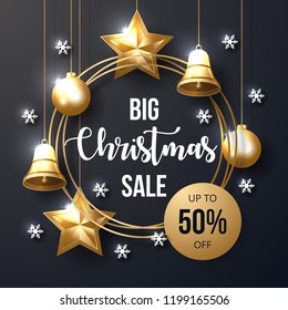 Christmas sale banner with shining gold and white ornaments.