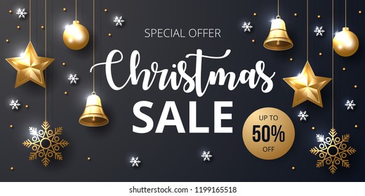 Christmas sale banner with shining gold and white ornaments.