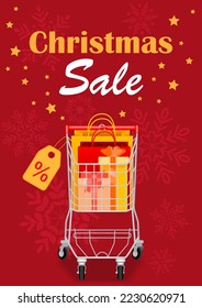 Christmas sale banner. Shopping cart, paper bags, gifts, price tag on red background with stars and snowflakes. Template for commerce, promotion and advertising