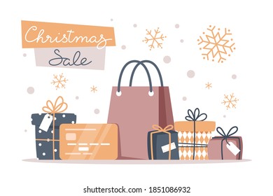 Christmas sale banner with snowflakes and gifts, vector illustration in flat style