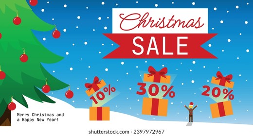 Christmas Sale Banner - Snowy Scenery, Pine Tree Decorated with Red Balls and Gifts Opening with Discounts 10%, 20% and 30% off