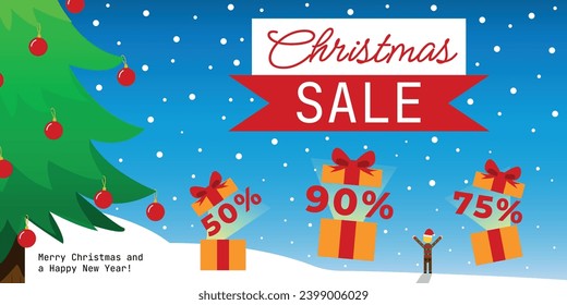 Christmas Sale Banner - Snowy Scenery, Pine Tree Decorated with Red Balls and Gifts Opening with Discounts 50%, 75% and 90% off