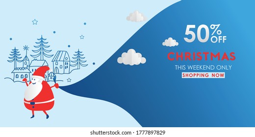 Christmas sale banner. Special offer, discount type text, 50 off.