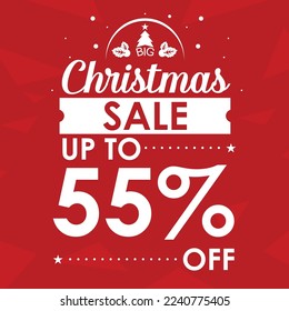 Christmas sale banner. Special offer, discount type text, 50 off. Xmas lights, star, snowflake tree, garland string decoration. Red background with shine fog, gold bokeh. Vector illustration

