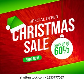 Christmas Sale banner for special offers, sales and discounts. Abstract red furry background. 60% off