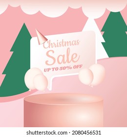 Christmas sale banner square promotion with 3D elements pink color