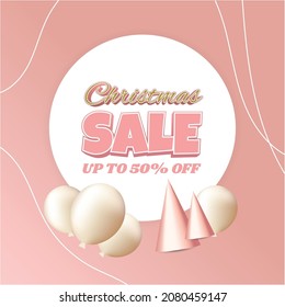 Christmas sale banner square promotion with 3D elements pink color