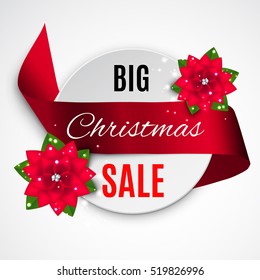 Christmas sale banner with christmas star flower and satin ribbon.