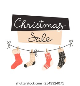 Christmas sale banner with Christmas stockings hanging on a fireplace mantle