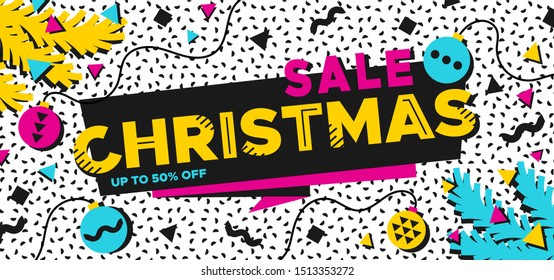 Christmas Sale banner in the style of the 80s with multicolored balls and fir branches. Illustration in Memphis style