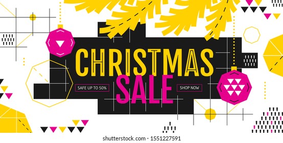 Christmas Sale banner in the style of the 80s with geometric shapes, pink balls and fir branches. Vector illustration in Memphis style