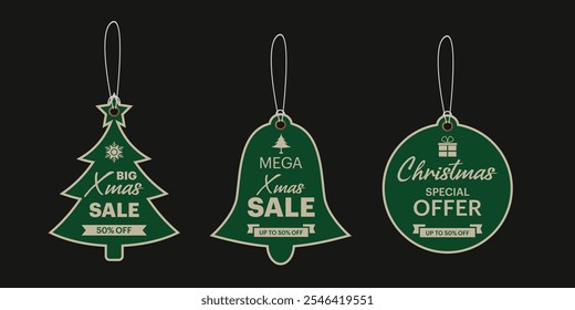 Christmas Sale Banner or Tag Design Set in Flat green Color with Xmas Icon, Vector Illustration