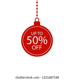 Christmas sale banner template design. Red discount poster on a light background, Sale tag, label, badge, sticker. Offer, up to 50% off. Vector illustration, eps10