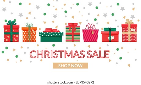 Christmas sale banner template with festive decoration. Gift boxes, different boxes with ribbons. Vector illustration