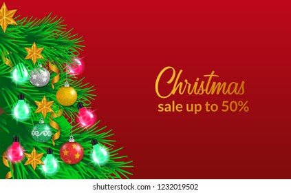 Christmas sale banner template with fir tree with decoration on red background. vector illustration.