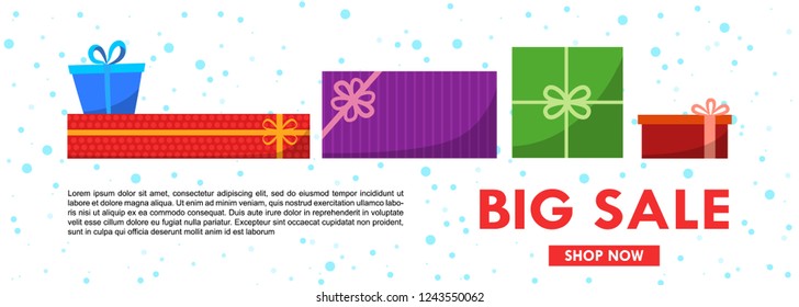 Christmas sale banner template with gift boxes. Vector flat illustration