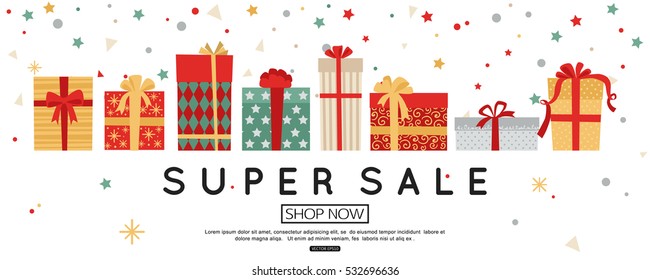 Christmas sale banner template with gift boxes. Vector illustration