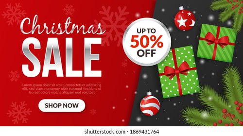 Christmas sale banner template with gifts and christmas balls