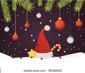 Christmas sale banner template with glitter balls ribbons and decoration. New year tree branches background.