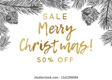 Christmas Sale banner template. Hand drawn Sketch fur tree with pine cone on a white background with gold text. Vector illustration EPS 10