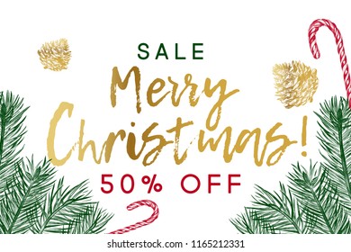 Christmas Sale banner template. Hand drawn Sketch fur tree with pine cone on a white background with gold text. Vector illustration EPS 10