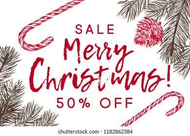Christmas Sale banner template. Hand drawn Sketch fur tree with pine cone, sweets on a white background. Vector illustration EPS 10