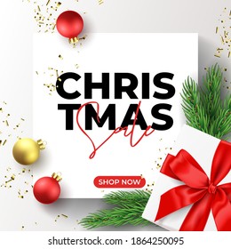 Christmas sale banner template. Holiday background with realistic gift box, fir-tree branches, Christmas balls and golden confetti. Vector illustration. Promo holiday card for social media.
