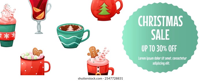 Christmas sale banner template with hot drinks