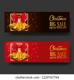 Christmas sale banner template with illustration of golden bell and ribbon for marketing and business purpose. Vector Design