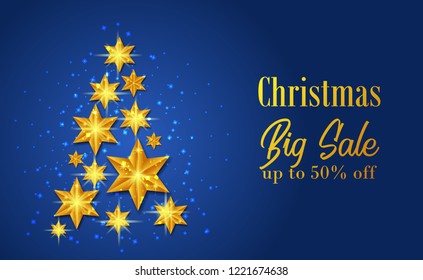 Christmas sale banner template for marketing or promotion with illustration of tree from golden shiny star decoration with blue background