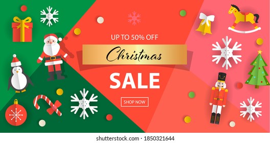 Christmas sale banner template with paper cut toys and snowflakes. Vector illustration