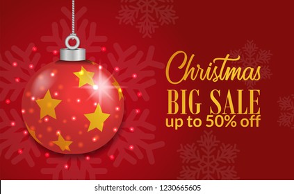 Christmas sale banner template with red bauble. vector illustration. for promotion or social media.