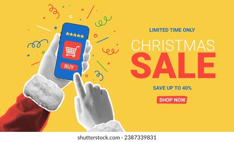 Christmas sale banner template. Santa Claus holds phone and buy goods using internet shop. Christmas or New Year collage with halftone effect hands. Vector illustration with discount offer.