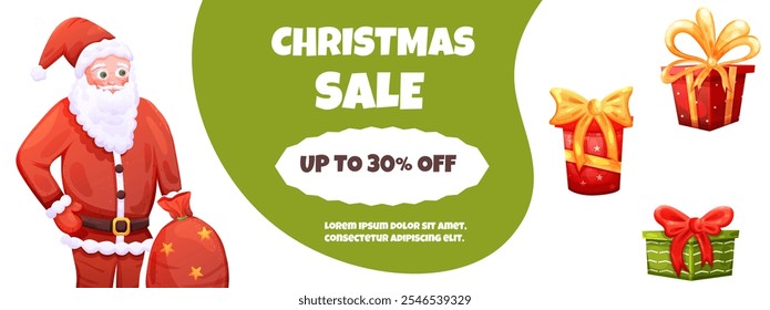 Christmas sale banner template with Santa Claus character and gift box