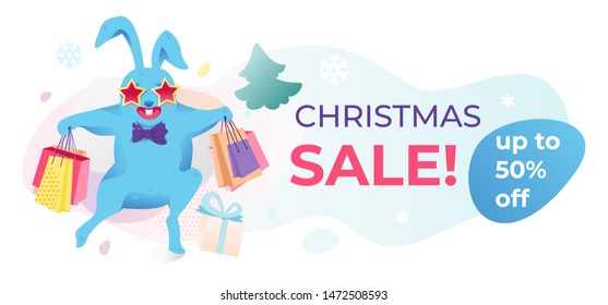 Christmas sale banner template. Seasons sale design with a happy blue rabbit in star shape glasses, violet bowtie, paper shopping bags and place for text