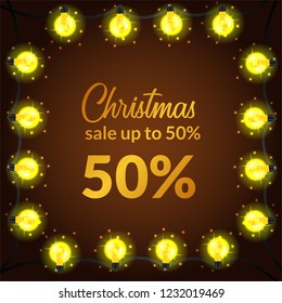 Christmas sale banner template with square luminous lamp. vector illustration.