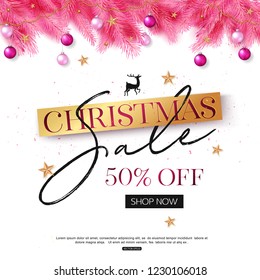 Christmas sale banner template with tree branch and colorful balls. Vector illustration