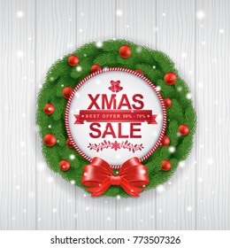 Christmas sale banner template christmas tree with wreath, glitter balls, ribbons, stars and snow decoration for flyers, poster, web, banner, and card vector illustration