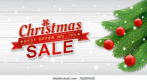 Christmas sale banner template typography, christmas tree,  glitter balls, stars and ribbons decoration for flyers, poster, web, banner, and card vector illustration