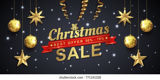 Christmas sale banner template typography, golden glitter balls, hanging stars, snow and ribbons decoration for flyers, poster, web, banner, and card vector illustration