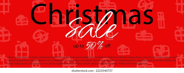 Christmas sale banner template vector illustration with gift boxes. Red background for up to 50 per sent off discount with hand drawn backdrop