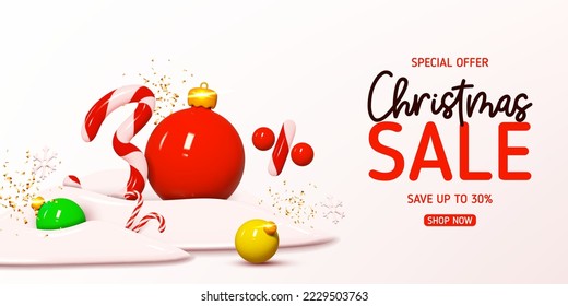 Christmas sale banner template. Vector illustration with holiday decorations and candy number with amount of discount. Ad background with realistic 3d elements for Christmas sale.