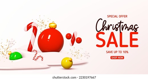 Christmas sale banner template. Vector illustration with holiday decorations and candy number with amount of discount. Ad background with realistic 3d elements for Christmas sale.