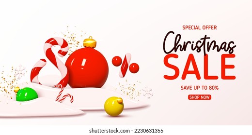 Christmas sale banner template. Vector illustration with holiday decorations and candy number with amount of discount. Ad background with realistic 3d elements for Christmas sale.