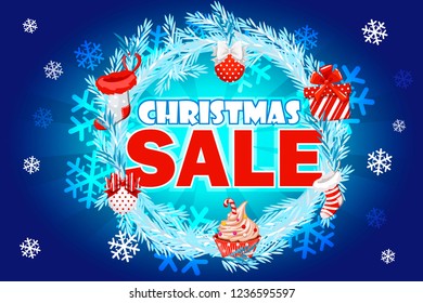 Christmas Sale - banner with text on blue wreath spruce. Winter sale. Christmas sale. New year sale. Vector illustration