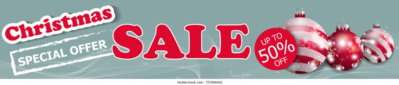 Christmas sale banner with three red Christmas balls. Vector illustration.