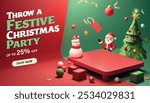 Christmas sale banner, Throw a festive Christmas party with discounts up to 25%! This vector features Santa, a snowman, Christmas tree, gifts, and a festive display. Shop now for your holiday needs!