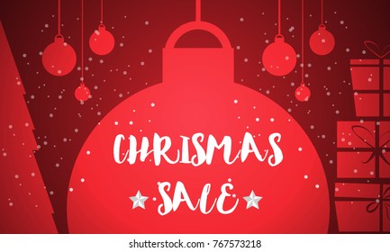Christmas sale banner with tree branches, red ball and gift box on red background for your promotion. Christmas vector illustration.