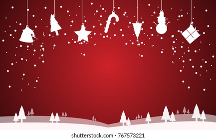 Christmas sale banner with tree branches, red ball and gift box on red background for your promotion. Christmas vector illustration.
